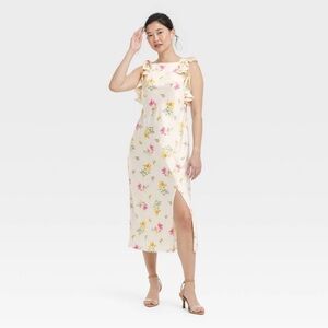 Women's Ruffle Sleeve Satin Maxi Dress - A New Day™ Cream Floral Medium NWOT